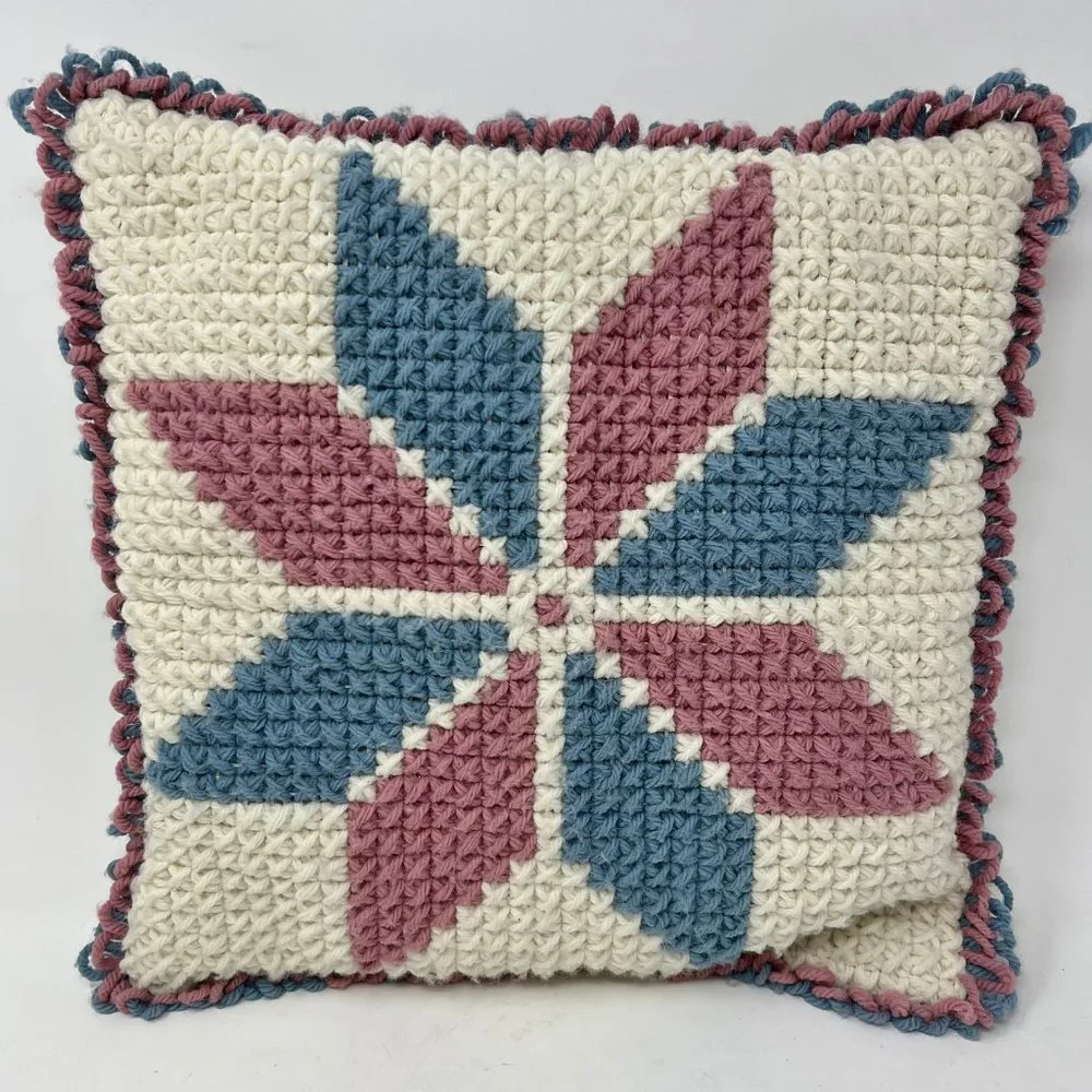 Vintage Crochet Knit Pillow Square 1970s Retro Blue & Pink Hand Made